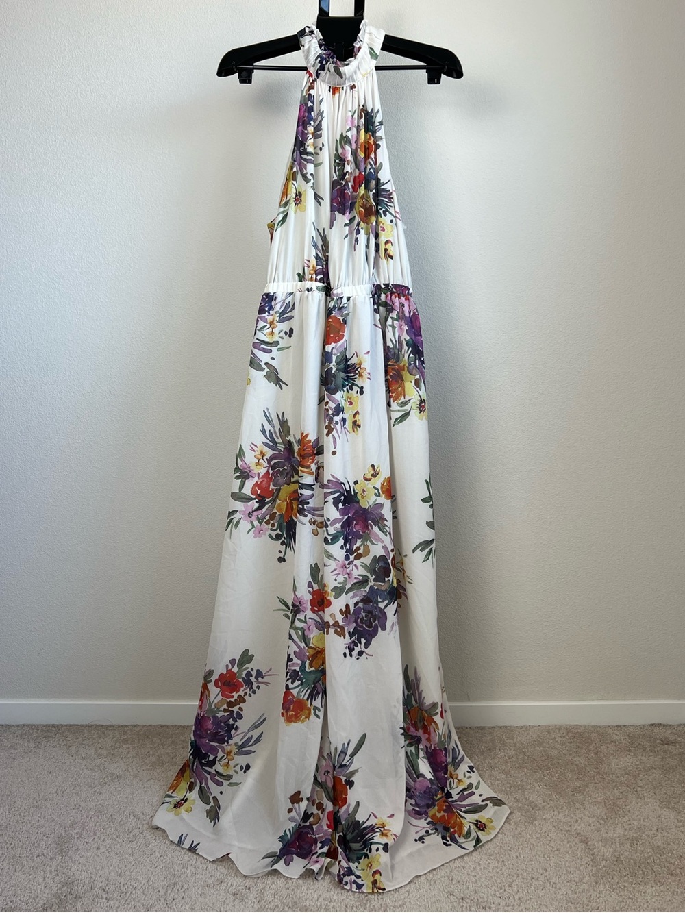 H&M Floral Halter Maxi Dress White Flowy Boho Fairycore Garden Party Large